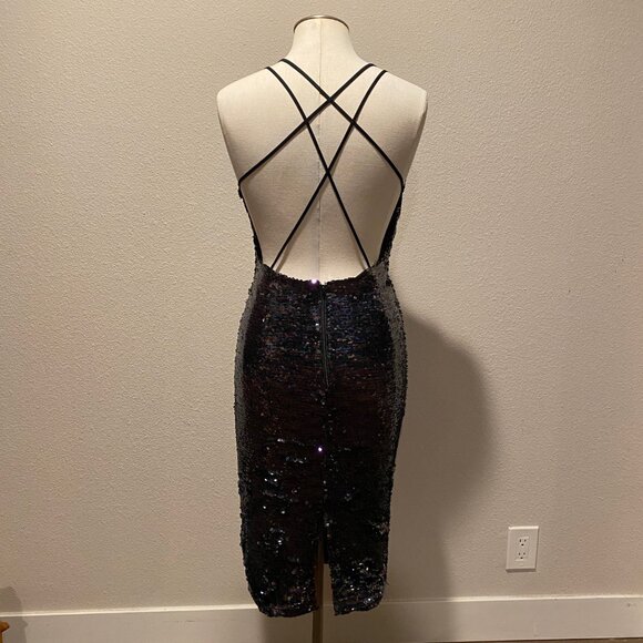 ASOS Black Sequin Midi Cocktail Dress | Deep V Strappy Back‎ | Size 6 - Picture 2 of 8